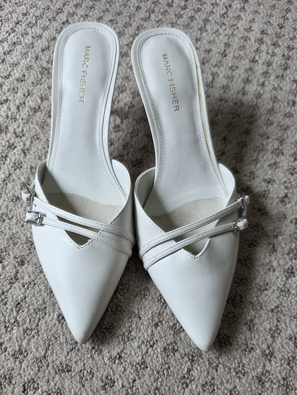 Marc Fisher White Pointed Toe Mule With Buckle Straps